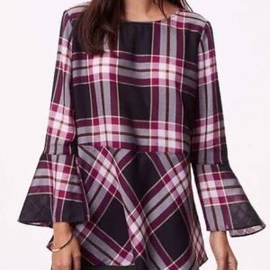 LOFT plaid tie back tunic, bell sleeves
